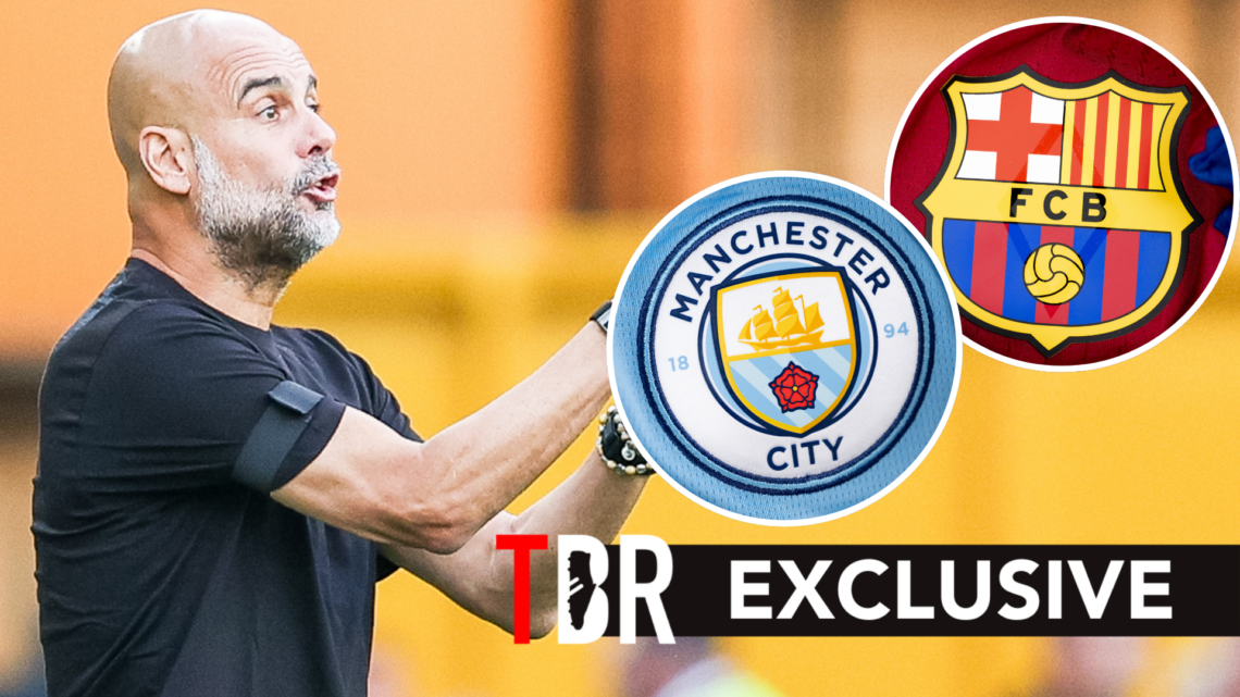 Pep Guardiola in charge of Man City game. Inset of Man City and Barcelona badges.