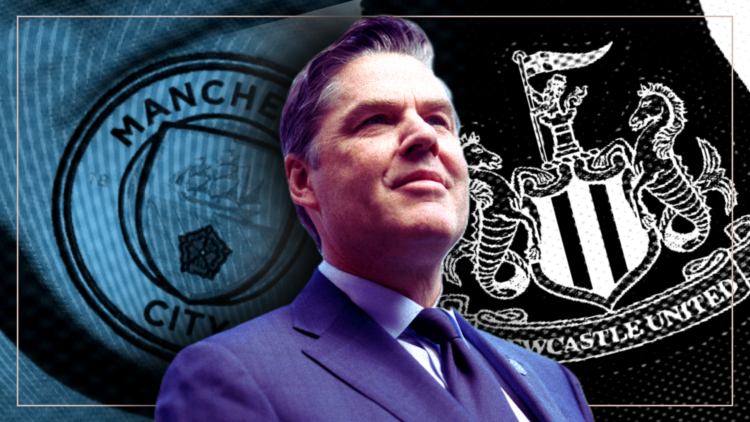 Premier League CEO Richard Masters flanked by the badges of Newcastle United and Manchester City