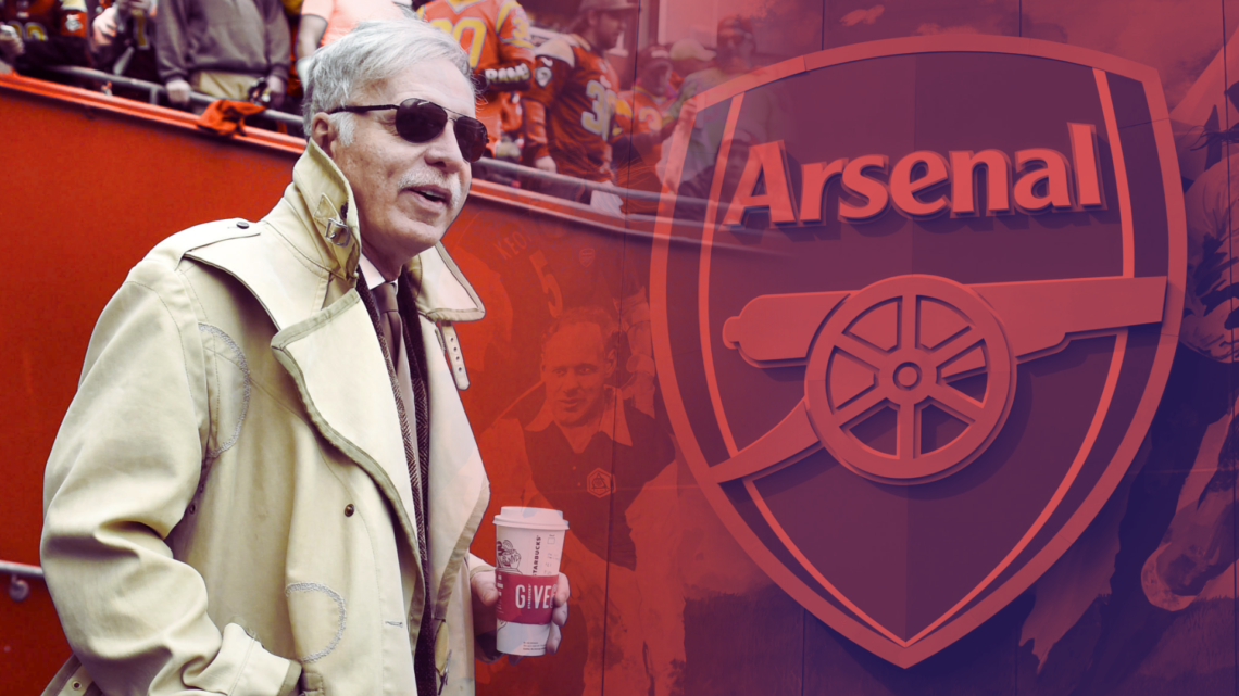 Split image of Stan Kroenke and a closeup shot of the Arsenal badge