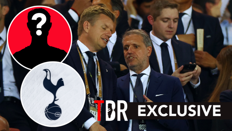 Tottenham Hotspur technical director Johan Lange with sporting director Fabio Paratici ahead of UEFA Super Cup final. Inset of Tottenham badge and ...