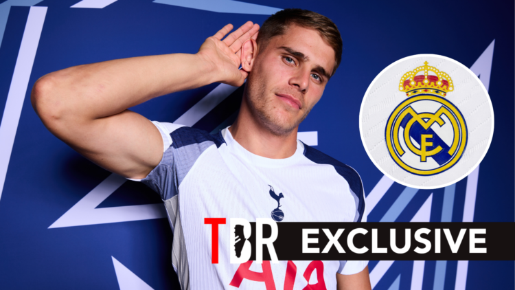 Tottenham Hotspur defender Micky van de Ven during UEFA Champions League photoshoot. Inset of Real Madrid badge.