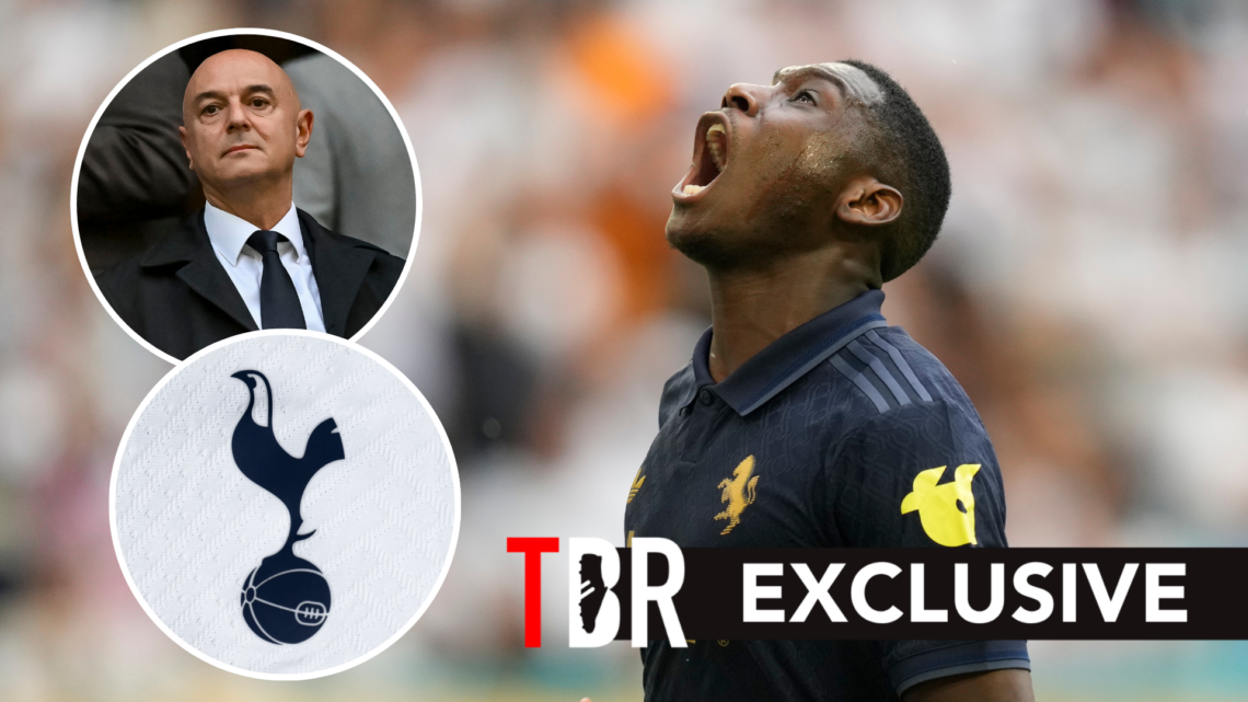 Tottenham Hotspur new arrival Randal Kolo Muani at the FIFA Club World Cup. Inset of Daniel Levy and Spurs badge.