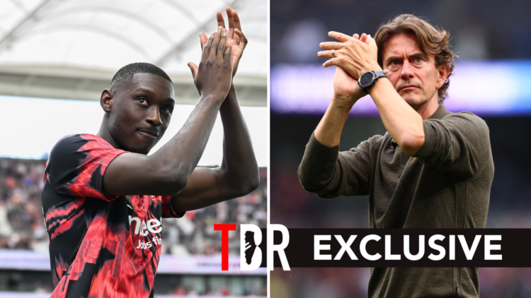 Split image of new Tottenham Hotspur signing Randal Kolo Muani (L) and Thomas Frank after Premier League match.
