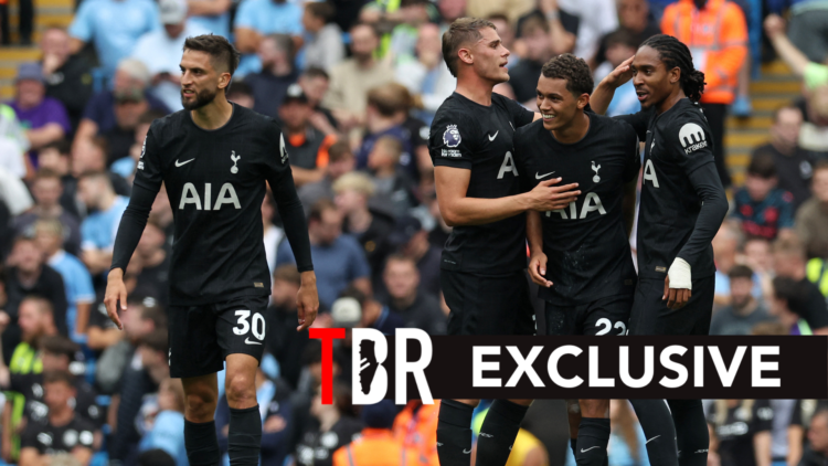Tottenham players, including Rodrigo Bentancur, celebrate Brennan Johnson's goal vs Man City.