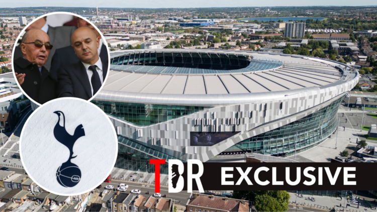The Tottenham Hotspur Stadium. Inset of Daniel Levy with Joe Lewis and Tottenham badge.