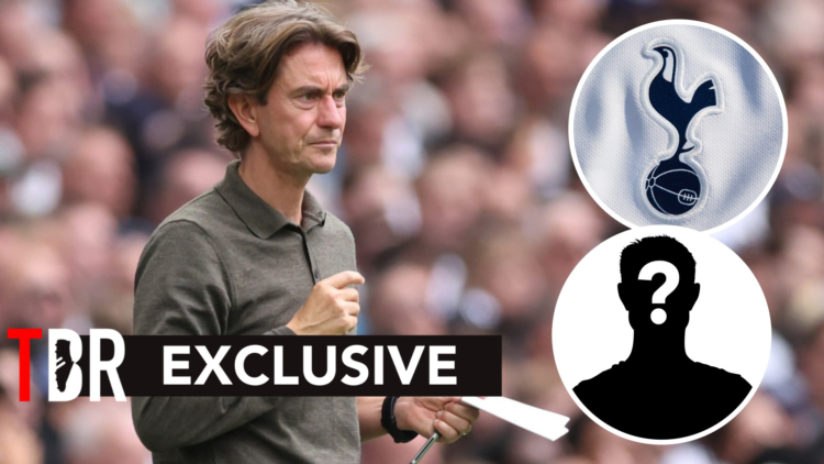 Tottenham Hotspur manager Thomas Frank during Premier League match. Inset of Spurs badge and a mystery player.