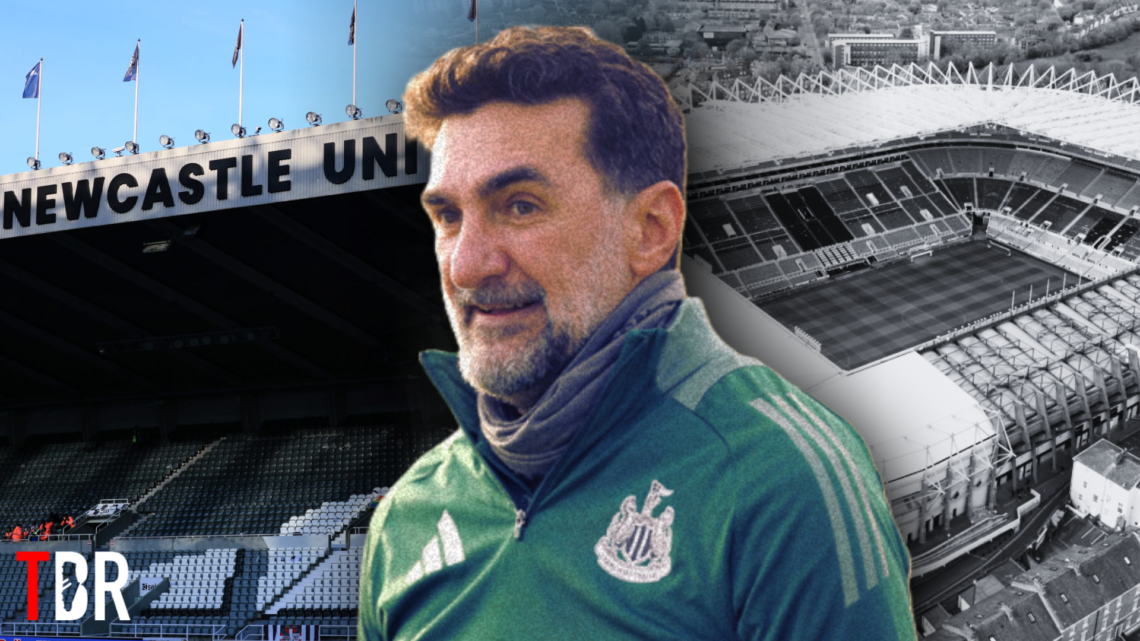 Yasir Al-Rumayyan set over general images of Newcastle United's St James Park stadium, with TBR Football logo