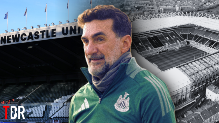 Yasir Al-Rumayyan set over general images of Newcastle United's St James Park stadium, with TBR Football logo