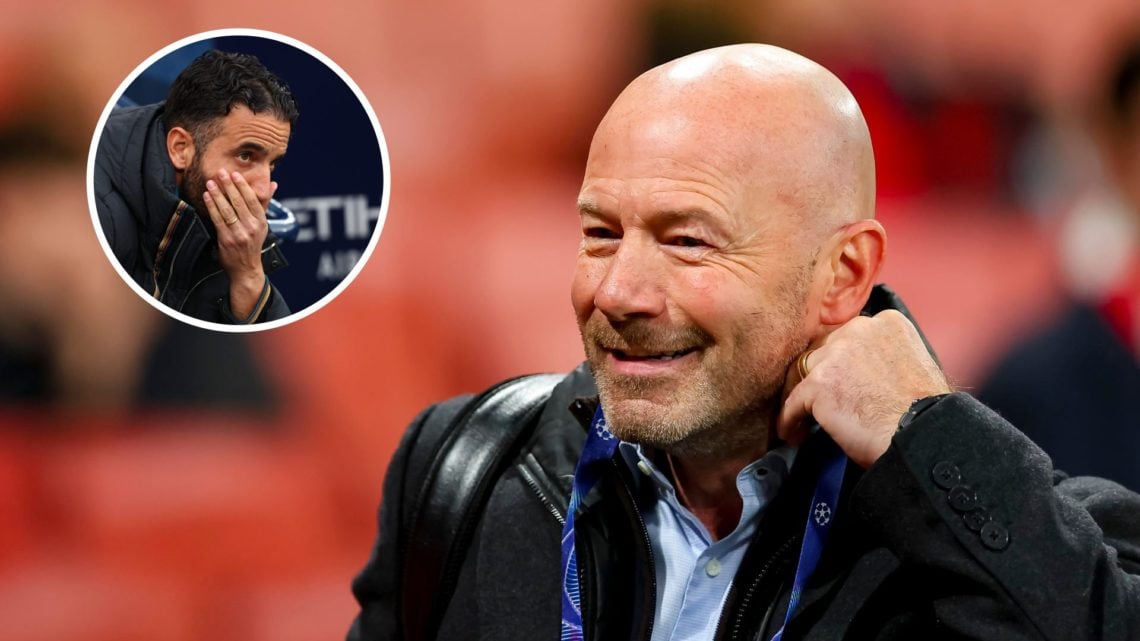 Alan Shearer smiling while working (right) with Ruben Amorim looking dejected overlayed (left)