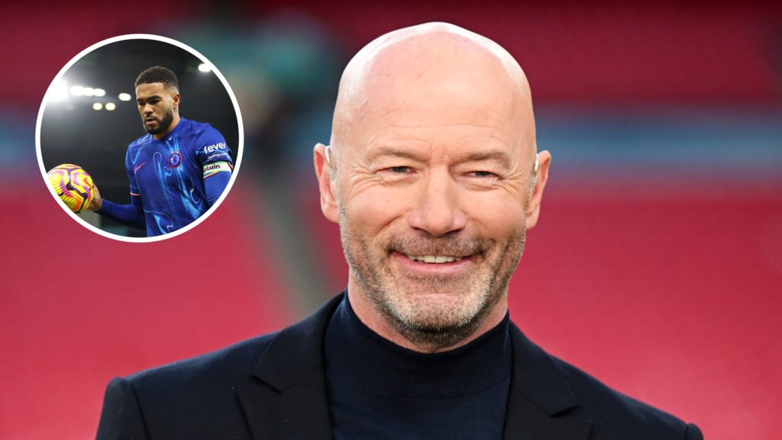Alan Shearer doing punditry (right) with Reece James holding a ball overlayed (left)