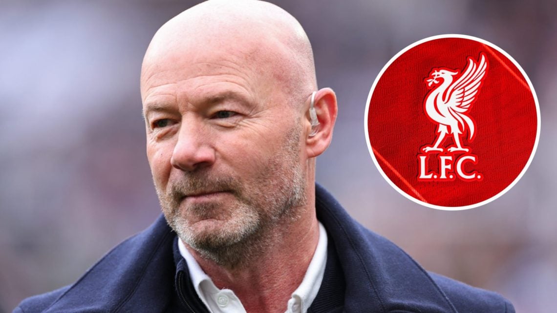 Alan Shearer looks on while on punditry duties ahead of Newcastle United vs Manchester United, alongside an inset of the Liverpool club badge (top ...