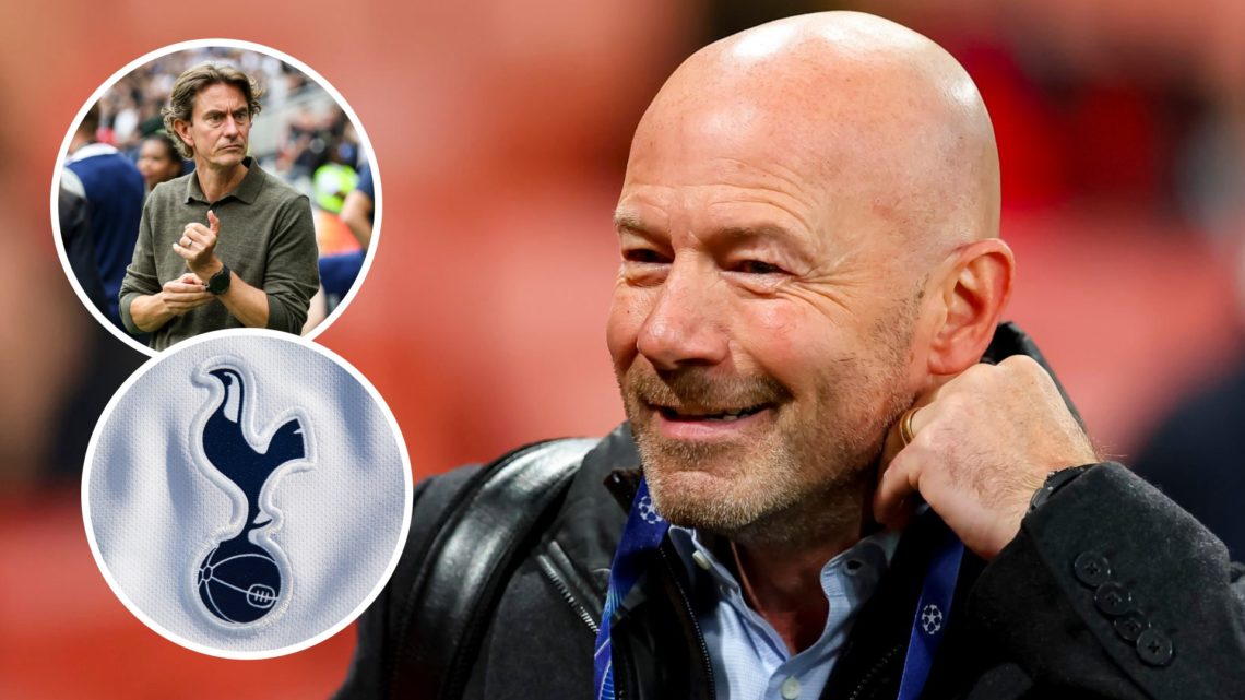 Alan Shearer ahead of Champions League match. Inset of Thomas Frank and Tottenham Hotspur badge.