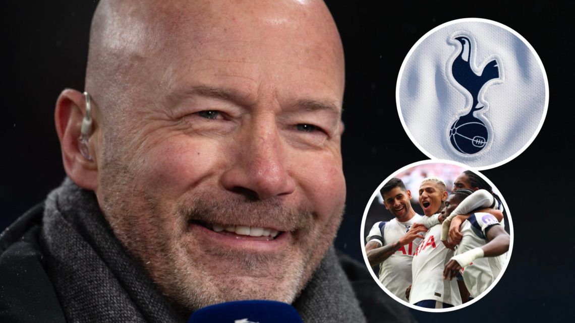 Alan Shearer working as a pundit. Inset of Tottenham Hotspur badge and Richarlison.