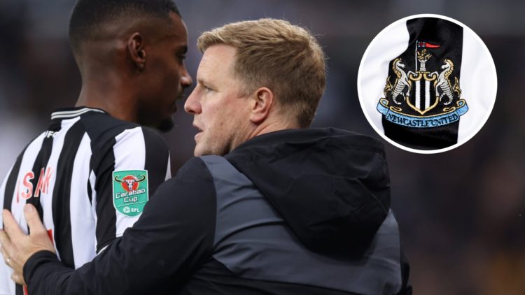 Alexander Isak and Eddie Howe, Newcastle United badge (inset)