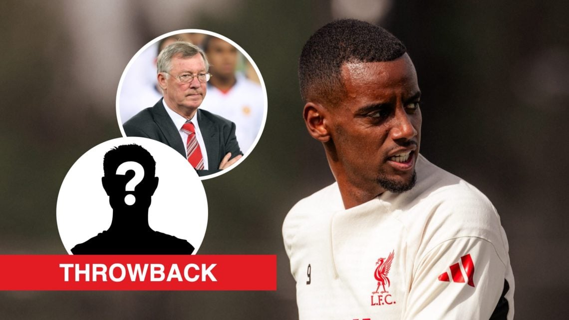 Liverpool striker Alexander Isak looks on during training. Inset, Manchester United boss Sir Alex Ferguson and a mystery player icon