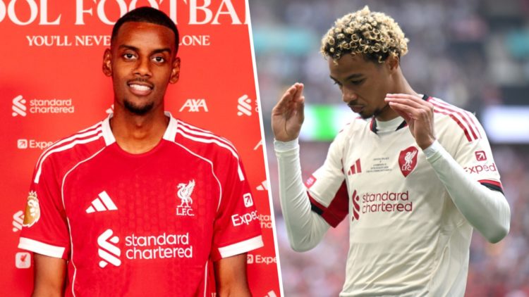 Alexander Isak signs for Liverpool FC at AXA Training Centre (Left) Hugo Ekitike of Liverpool celebrates scoring his team's first goal during the 2...