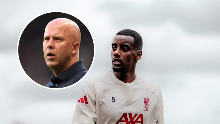 Alexander Isak in training at Liverpool, Arne Slot inset