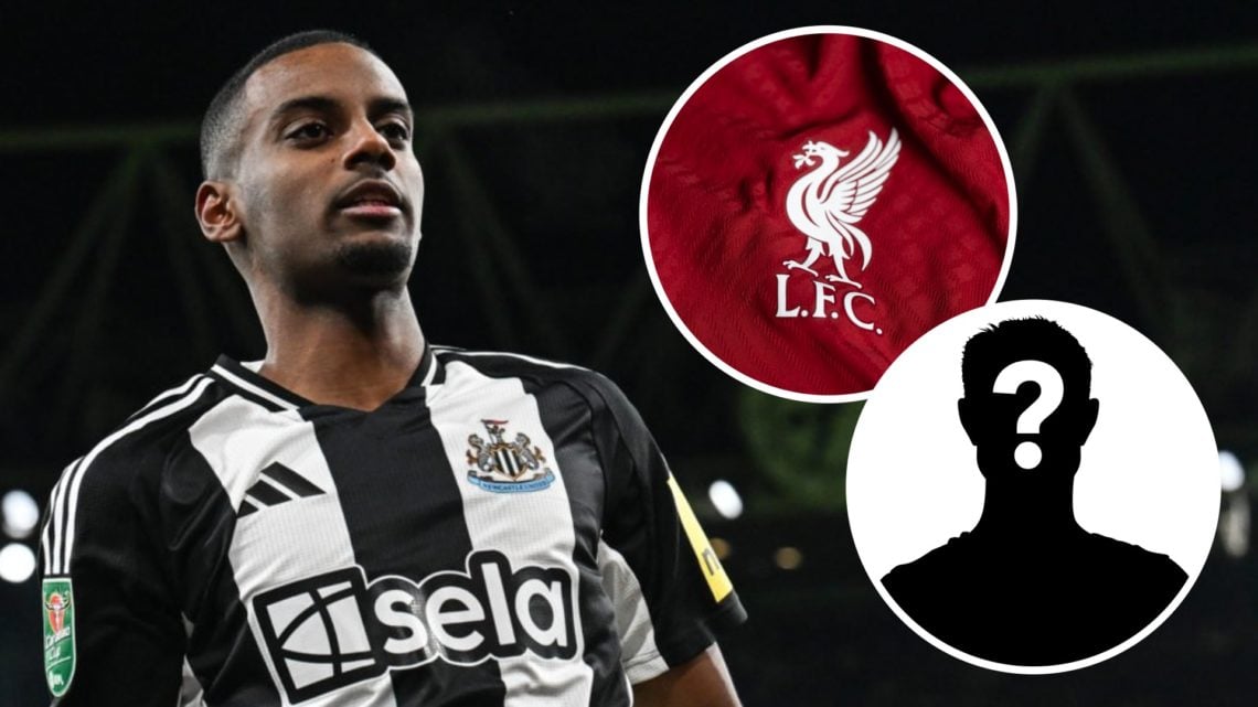 Alexander Isak, Liverpool badge (inset), mystery player (inset)