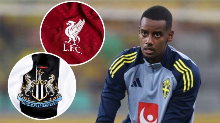 Alexander Isak, Liverpool badge (inset, top), Newcastle badge (inset, bottom)