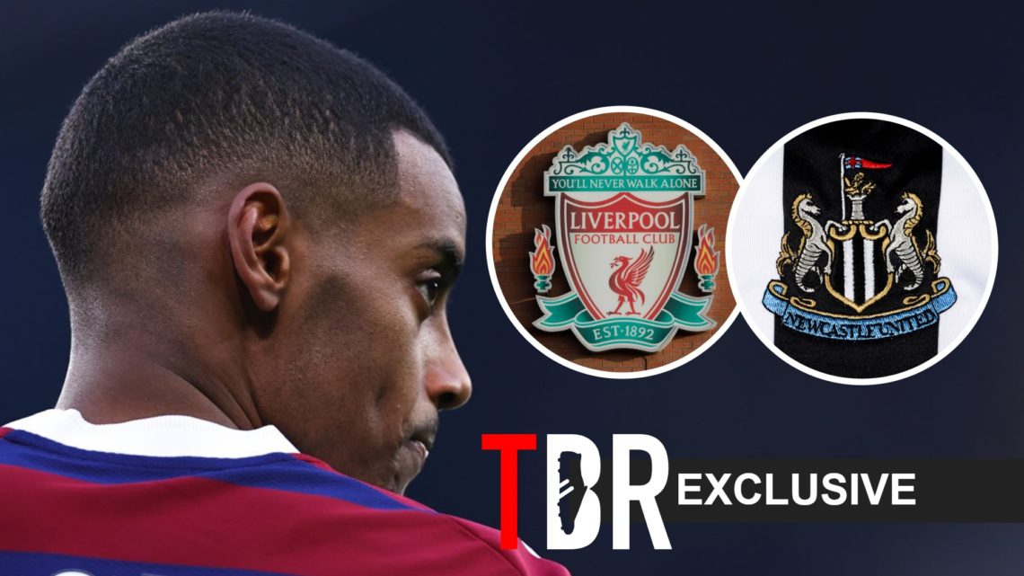 Image of Alexander Isak with his back to the camera with insets of the Newcastle and Liverpool badges, overlaid a TBR Exclusive banner