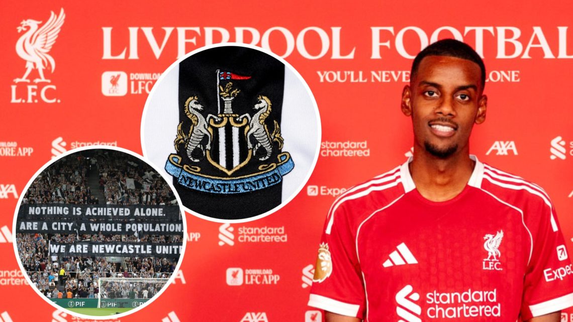 Alexander Isak, Newcastle badge (inset, right), banner displayed by Newcastle fans (inset, left)