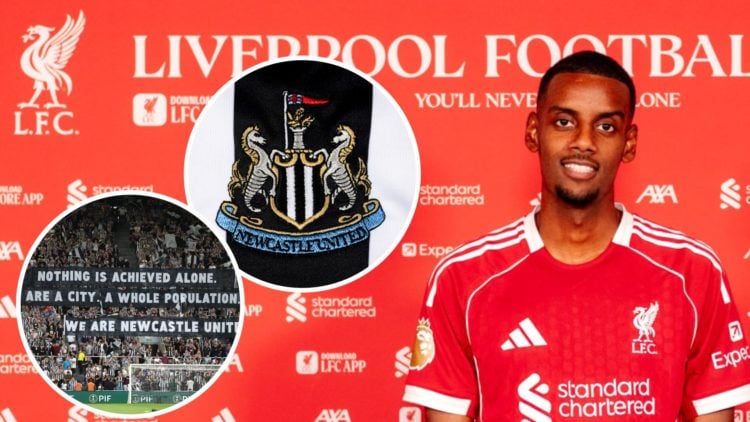 Alexander Isak, Newcastle badge (inset, right), banner displayed by Newcastle fans (inset, left)