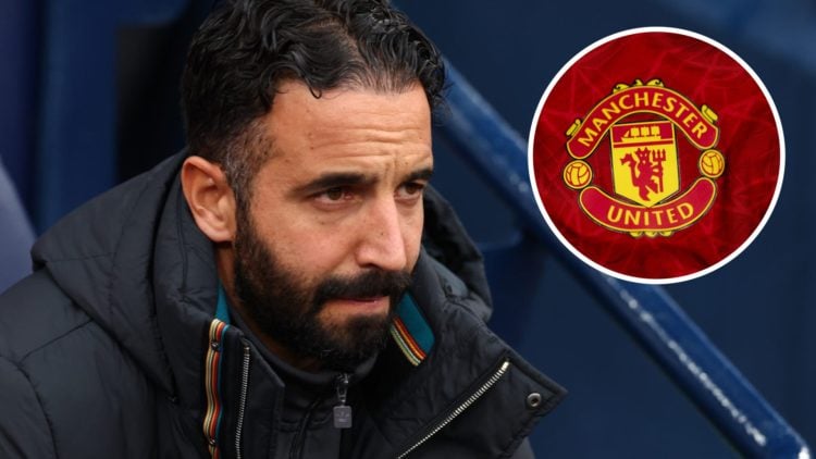 Ruben Amorim watches on during Manchester United's defeat against Manchester City, alongside an inset of the United club badge