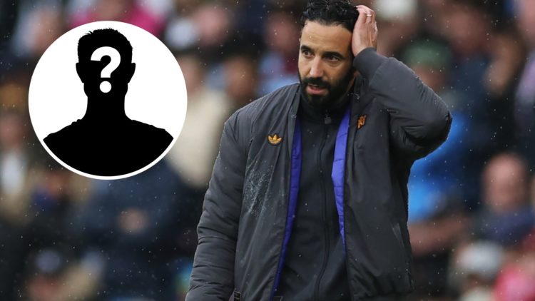 Manchester United boss Ruben Amorim reacts on the touchline, alongside an inset of a white mystery player silhouette