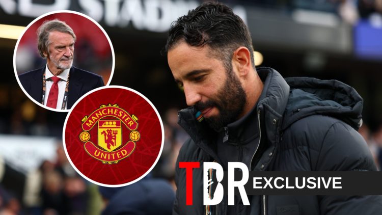 Manchester United head coach Ruben Amorim reacts on the touchline, alongside insets of co-owner Sir Jim Ratcliffe and the club badge