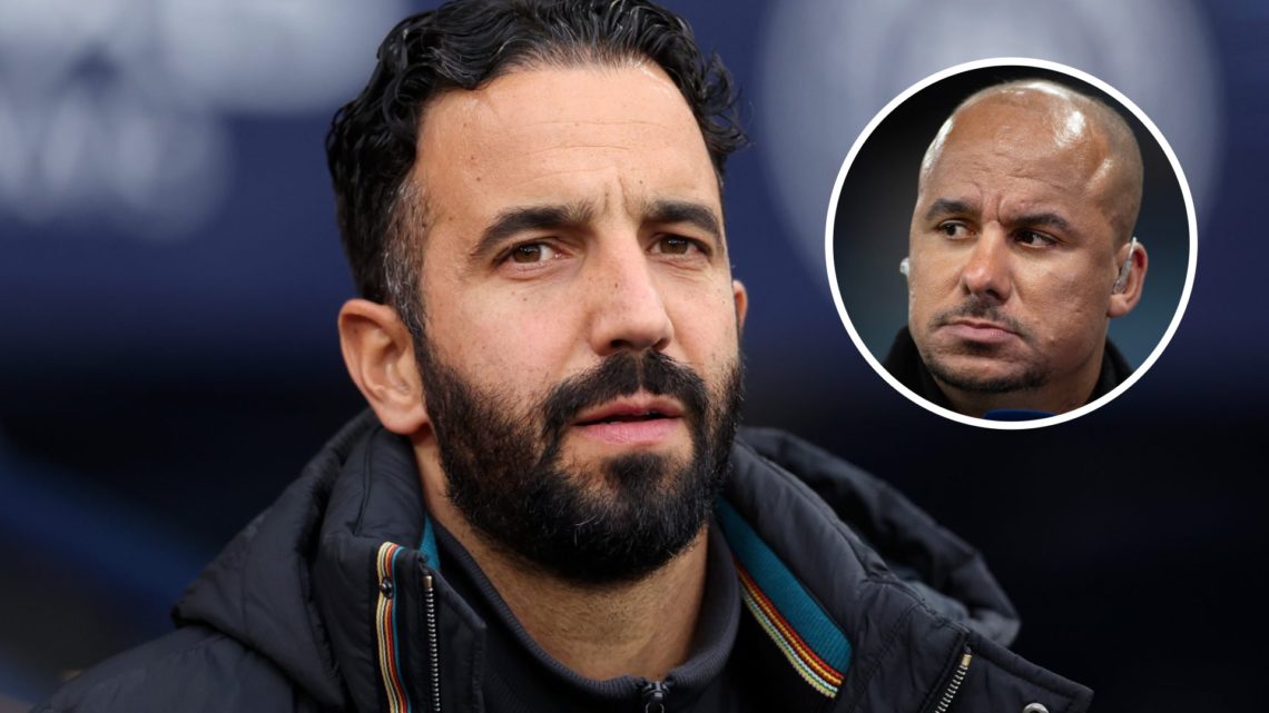 Ruben Amorim watches on during Manchester United's defeat against Manchester City, alongside an inset of pundit Gabby Agbonlahor