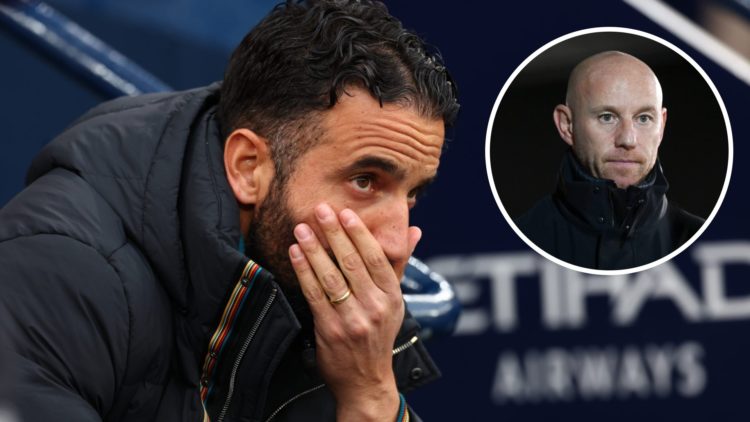 Ruben Amorim reacts during Manchester United's defeat against Manchester City, alongside an inset of Nicky Butt watching Salford in action in the F...