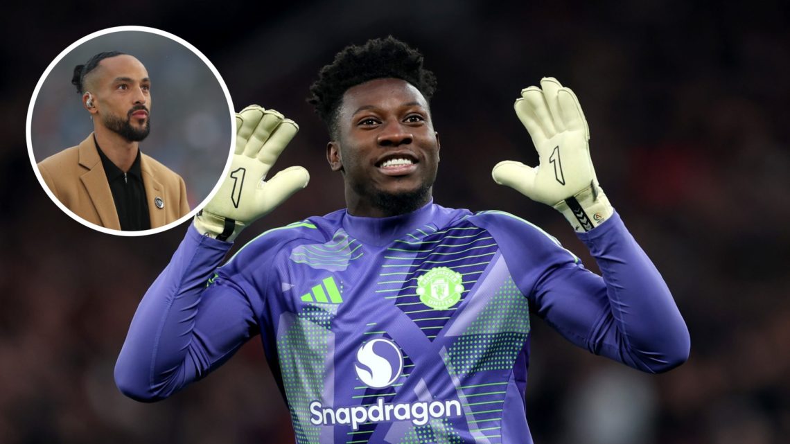 Andre Onana smiling at Man United fans (right) with Theo Walcott doing punditry overlayed (left)