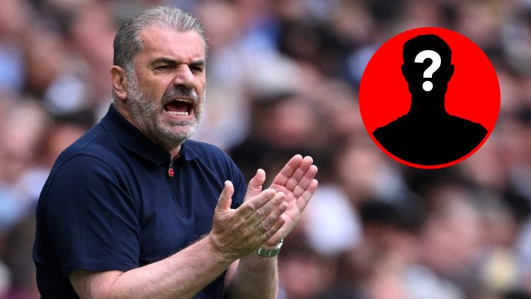 Ange Postecoglou applauds during a Tottenham match alongside a mystery player inset