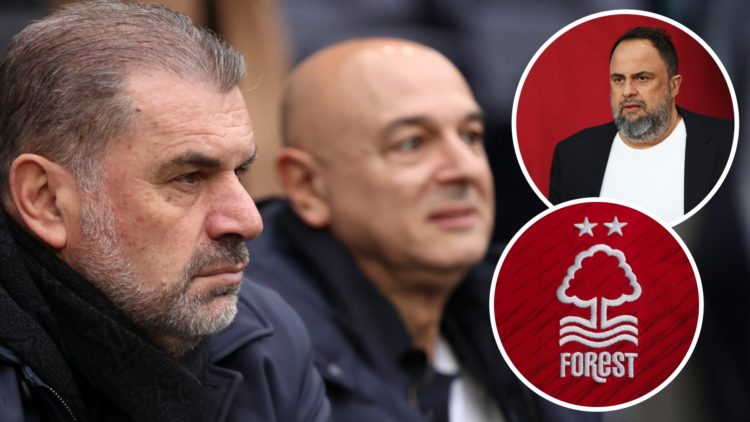 Ange Postecoglou and Daniel Levy, Evangelos Marinakis (inset, top), Nottingham Forest badge (inset, bottom)