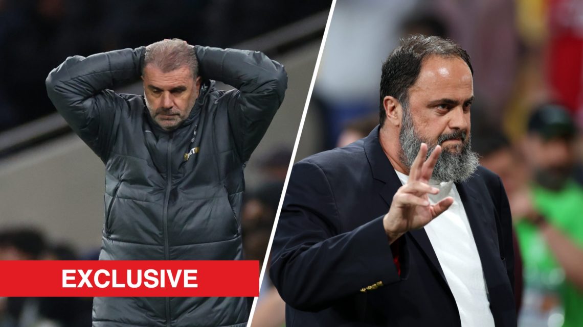 A split image of Ange Postecoglou at Tottenham Hotspur (L) and Nottingham Forest owner Evangelos Marinakis (R)
