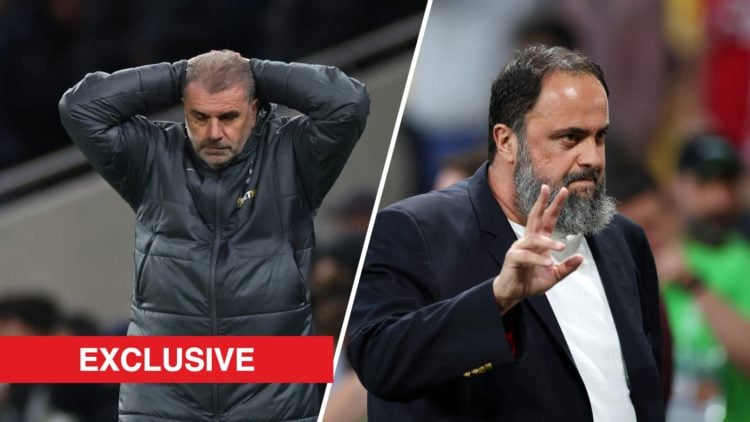 A split image of Ange Postecoglou at Tottenham Hotspur (L) and Nottingham Forest owner Evangelos Marinakis (R)