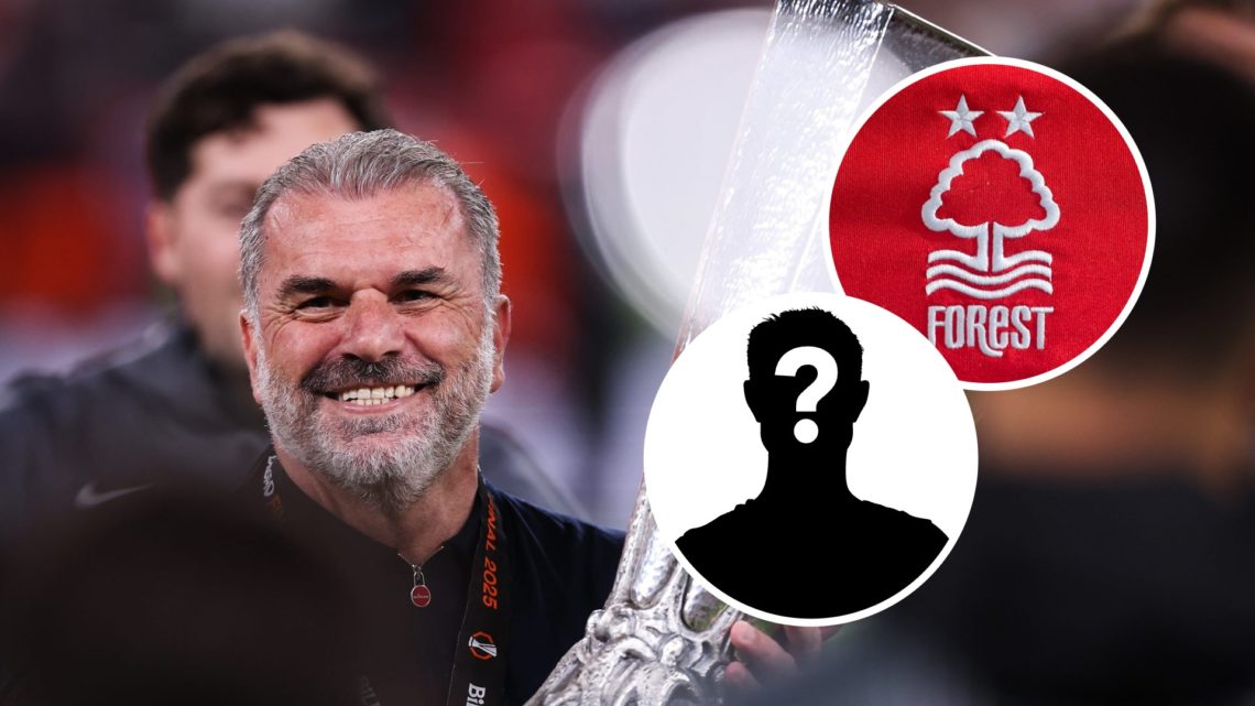 Ange Postecoglou celebrates winning the Europa League with Tottenham Hotspur. Inset, the Nottingham Forest badge on a red home shirt, and a mystery...