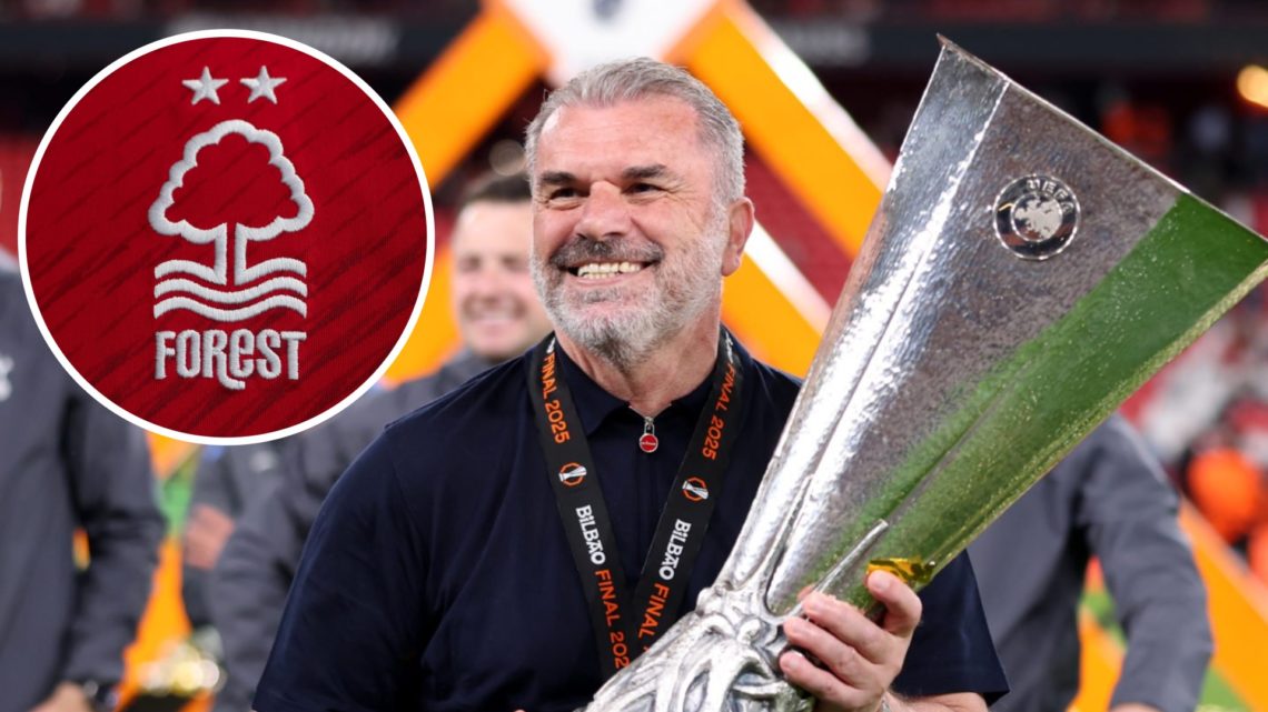 An image of Ange Postecoglou holding the Europa League trophy next to a Nottingham Forest badge