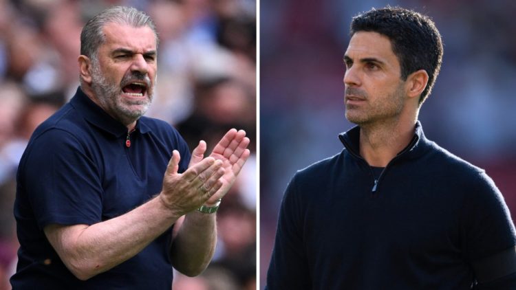 A split image featuring Ange Postecoglou and Mikel Arteta looking on during matches