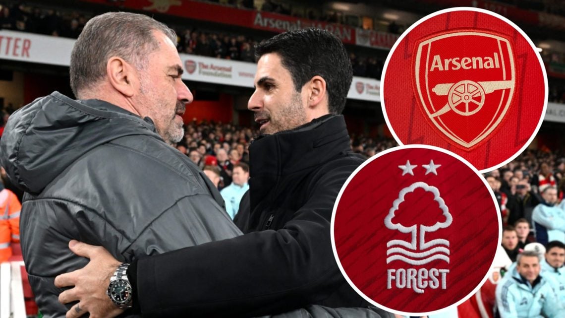 Ange Postecoglou, Mikel Arteta, Arsenal badge (inset, top), Nottingham Forest badge (inset, bottom)
