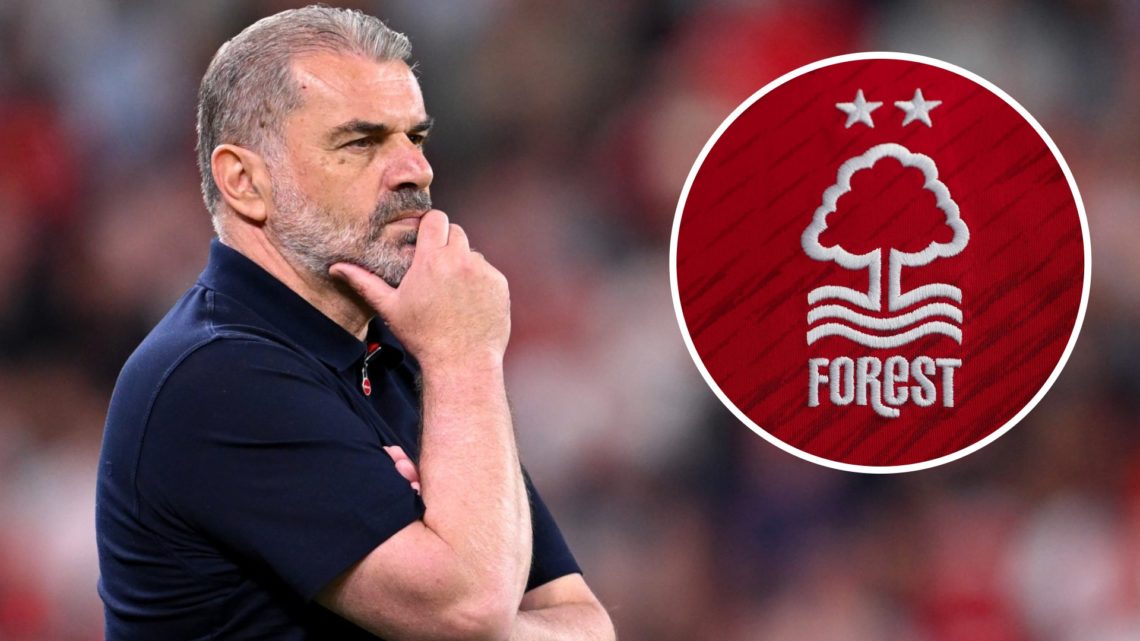 An image of Ange Postecoglou looking on during the Europa League final alongside a Nottingham Forest badge