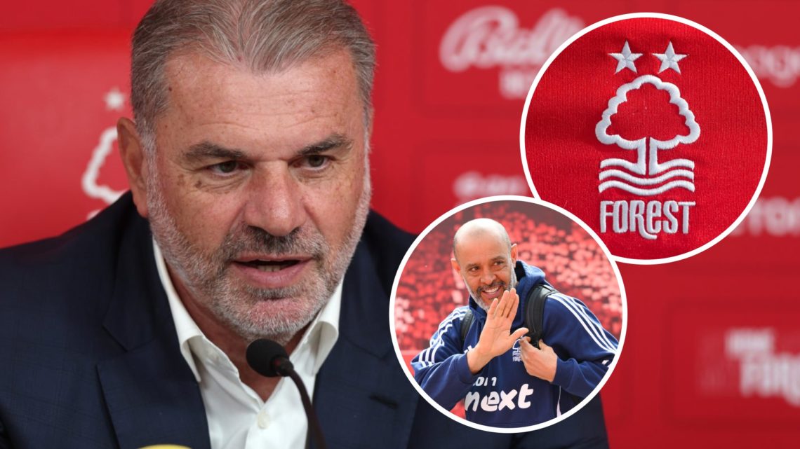 Ange Postecoglou, Nottingham Forest badge (inset, top), Nuno Espirito Santo (inset, bottom)