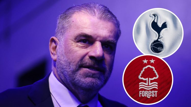 Ange Postecoglou ahead of Premier League match. Inset of Tottenham Hotspur and Nottingham Forest badges.
