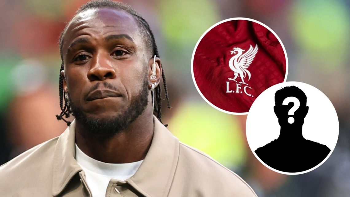 Michail Antonio looks on (left) and a Liverpool badge with mystery player inset (right)