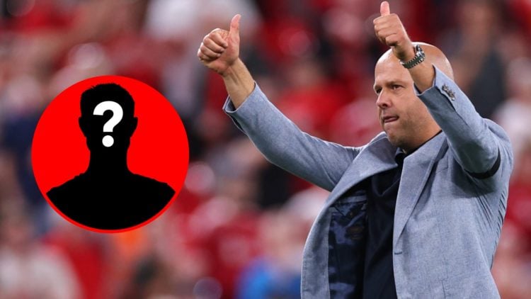 An image of Arne Slot gesturing at the end of Liverpool's win over Bournemouth next to a mystery player inset