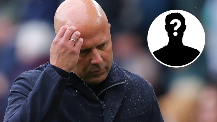 Arne Slot, head coach of Liverpool, looks dejected during the Premier League match between Burnley and Liverpool at Turf Moor (Left) Mystery (Right).