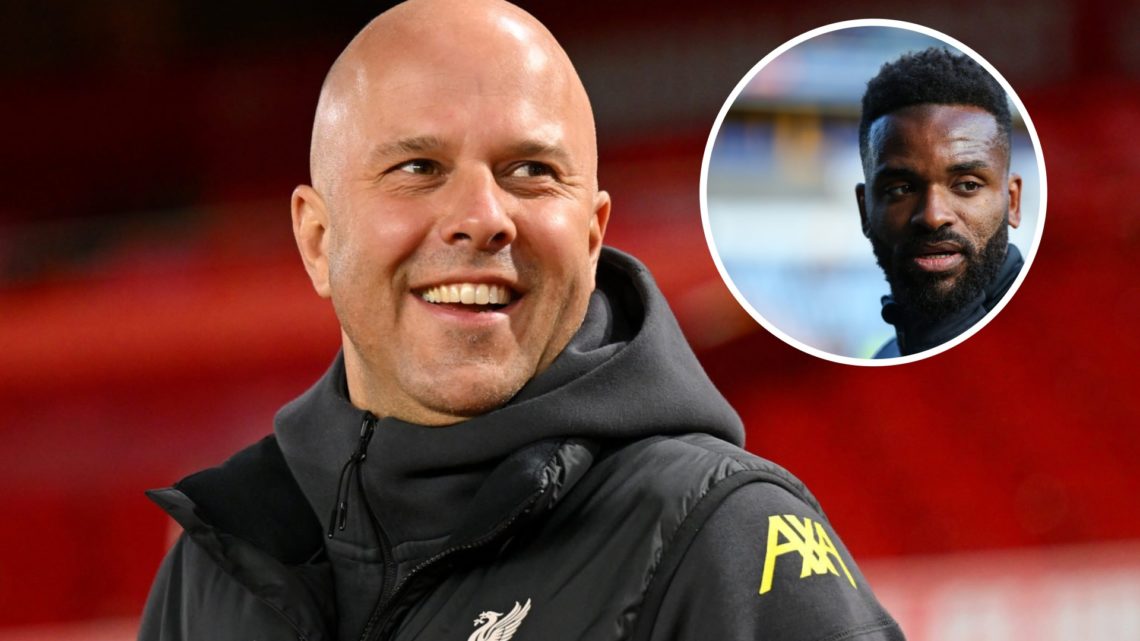 Arne Slot smiling as Liverpool manager (left) and Darren Bent warming up overlayed (right)