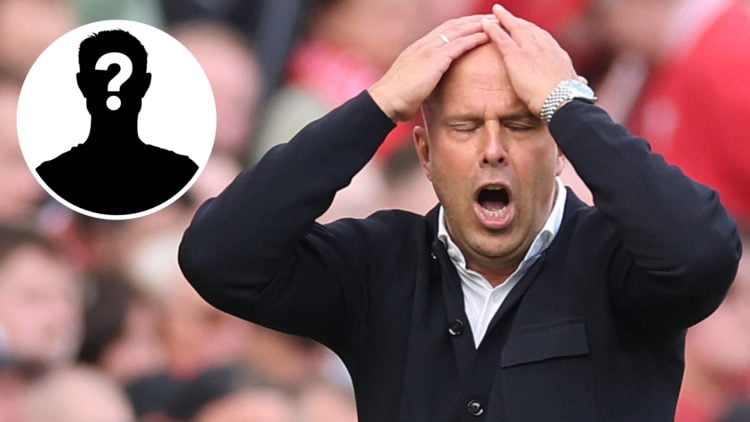 Arne Slot, Manager of Liverpool, reacts during the Premier League match between Liverpool and Arsenal at Anfield (Right) Mystery (Left).