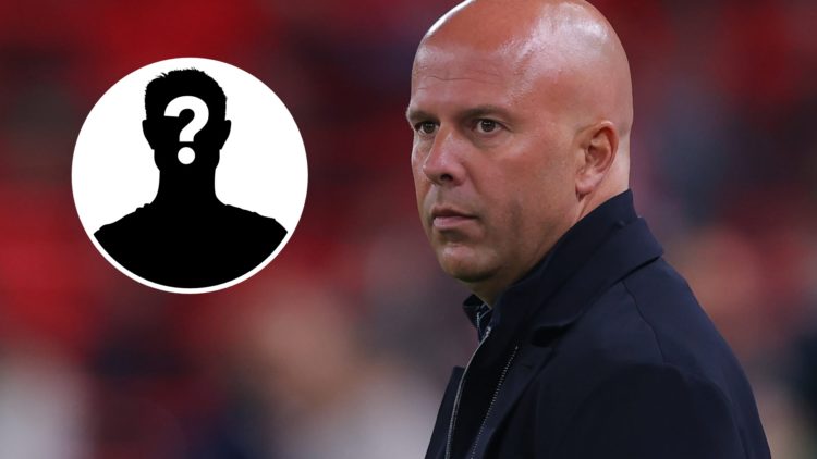 Arne Slot, head coach of Liverpool, during the Carabao Cup Third Round match between Liverpool and Southampton at Anfield (Right) Mystery (Left).
