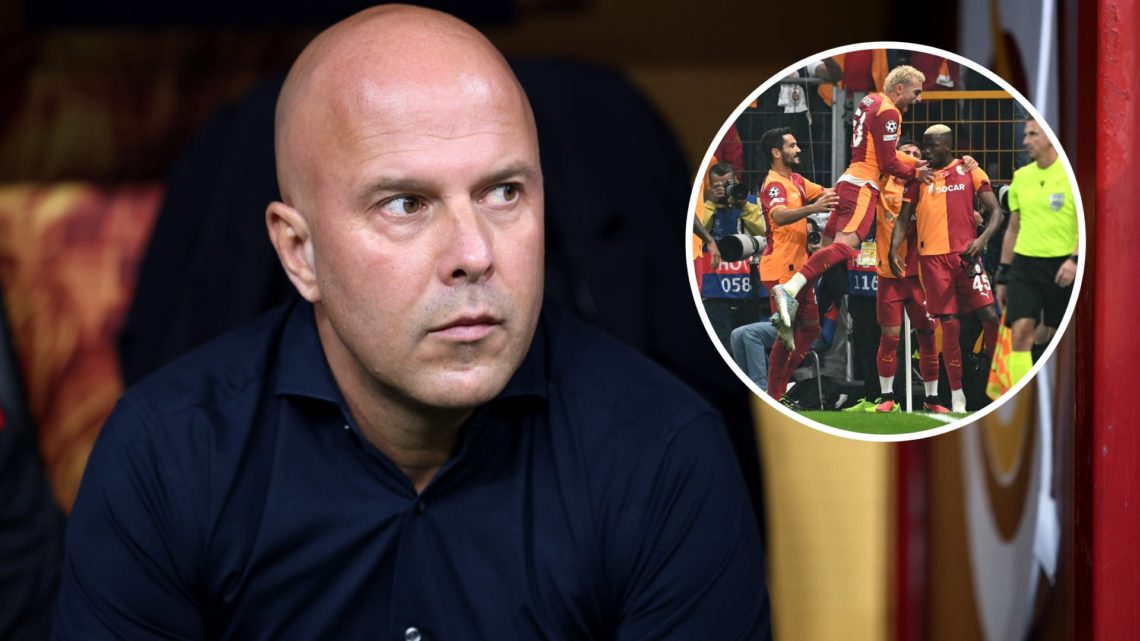 Liverpool head coach Arne Slot sits in the dugout ahead of his side's defeat against Galatasaray, alongside an inset of Victor Osimhen celebrating ...
